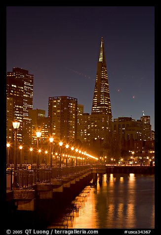 Transamerica Pyramid and Pier seven reflections at night. San Francisco, California, USA