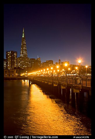Lights and reflection, Pier seven, and Transamerica Pyramid. San Francisco, California, USA