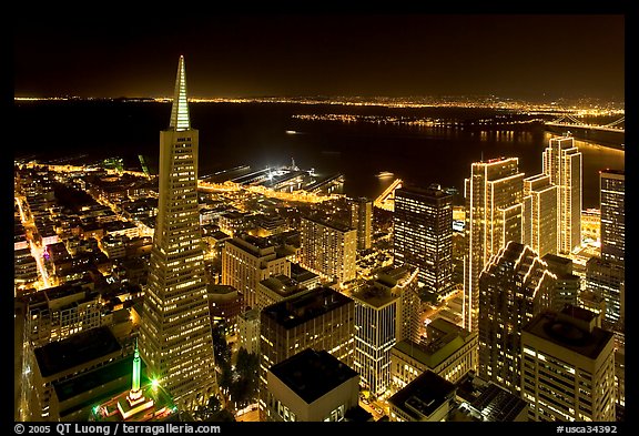 Transamerica Pyramid and Embarcadero Center from above at night. San Francisco, California, USA (color)