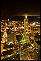Transamerica Pyramid and Coit Tower, aerial view at night. San Francisco, California, USA