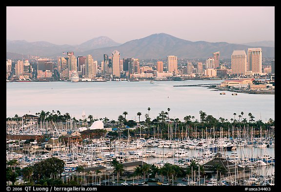 Skyline and San Diego Yacht Club,` from Point Loma, sunset. San Diego, California, USA (color)