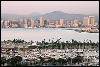 Skyline and San Diego Yacht Club,` from Point Loma, sunset. San Diego, California, USA (color)