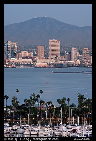 Yachts, skyline, and San Miguel Mountain, dusk. San Diego, California, USA (color)