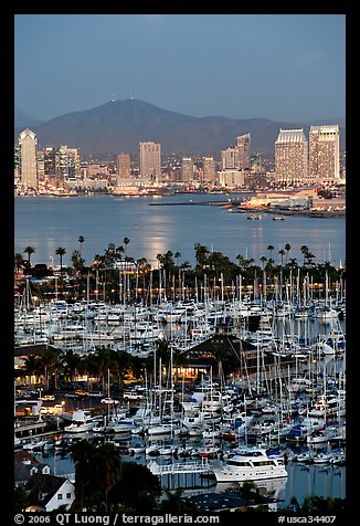 Marina, Shelter Island,  and skyline at dusk. San Diego, California, USA