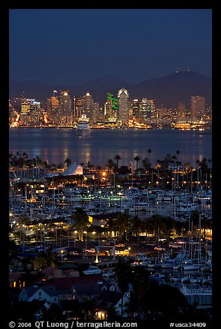 San Diego Yacht Club and skyline at night. San Diego, California, USA