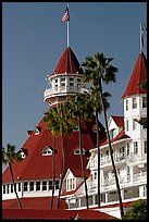 Towers and red roof of Hotel Del Coronado. San Diego, California, USA (color)