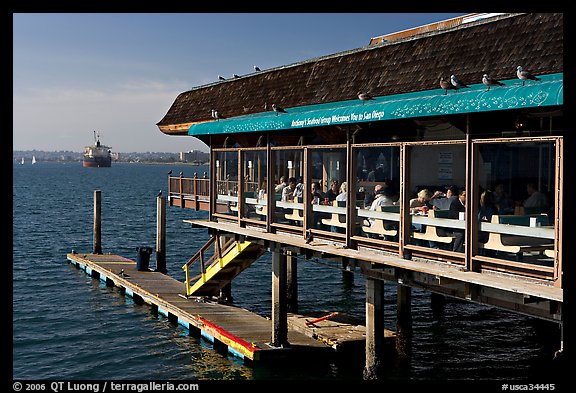 Restaurant at the edge of harbor. San Diego, California, USA (color)