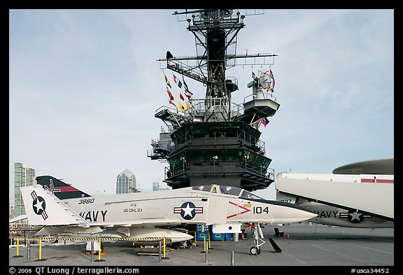 Navy aircraft and island superstructure, USS Midway. San Diego, California, USA
