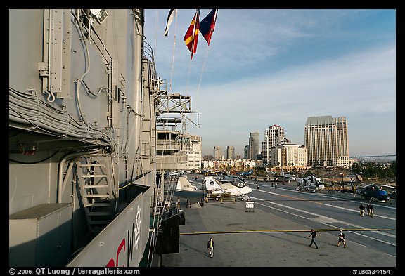 Flight deck and San Diego skyline seen from the USS Midway. San Diego, California, USA