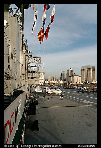 Flight deck seen from the island, San Diego Aircraft  carrier museum. San Diego, California, USA (color)