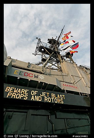 Island and flags,  USS Midway aircraft carrier. San Diego, California, USA