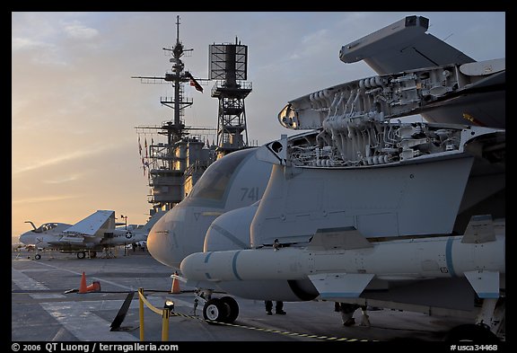 Aircaft with wings folded to save space, USS Midway aircraft carrier. San Diego, California, USA (color)