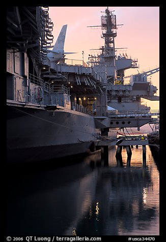 USS Midway aircraft carrier, sunset. San Diego, California, USA (color)