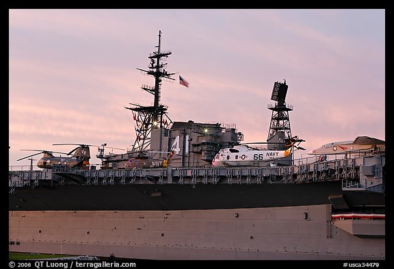 Aircraft and Island on the USS Midway, sunset. San Diego, California, USA