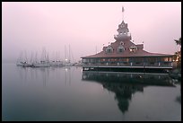 Boathouse and harbor in fog, sunrise, Coronado. San Diego, California, USA (color)