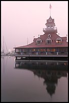 Boathouse restaurant in fog at sunrise, Coronado. San Diego, California, USA (color)