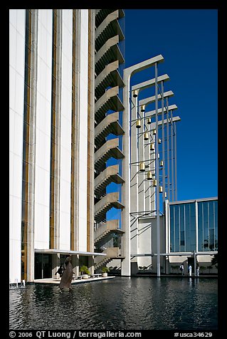 Tower and reflecting pool in the Crystal Cathedral complex. Garden Grove, Orange County, California, USA (color)