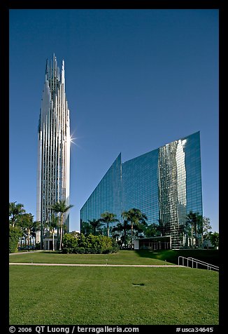 Crystal Cathedral and  bell tower, buildings made of glass for Televangelist Robert Schuller. Garden Grove, Orange County, California, USA (color)