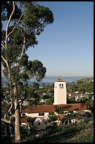 Eucalyptus and church in mission style. Laguna Beach, Orange County, California, USA (color)