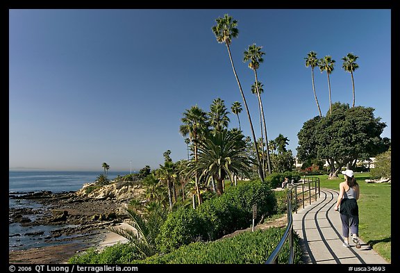 Woman jogging in Heisler Park, next to Ocean. Laguna Beach, Orange County, California, USA