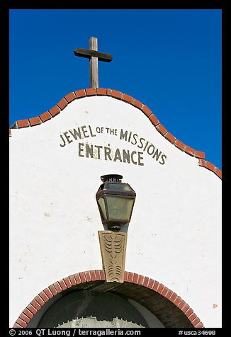 Entrance with sign Jewel of the Missions. San Juan Capistrano, Orange County, California, USA (color)