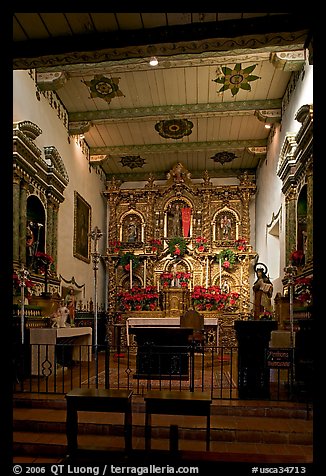 Altar and retablo from Barcelona in the Serra Chapel. San Juan Capistrano, Orange County, California, USA (color)