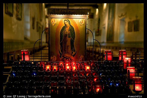 Candles and  Serra Chapel. San Juan Capistrano, Orange County, California, USA (color)