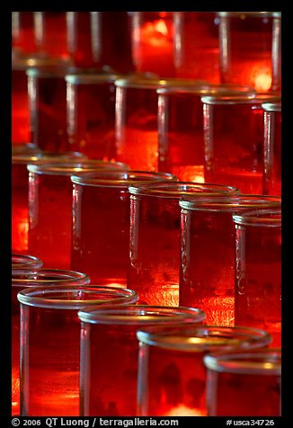 Red candles in glass, sharp. San Juan Capistrano, Orange County, California, USA