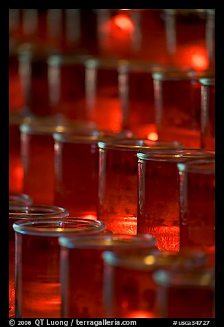 Candles in red glass, background blurred. San Juan Capistrano, Orange County, California, USA
