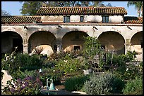 Garden and south wing arches. San Juan Capistrano, Orange County, California, USA