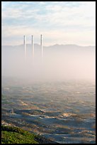 Chimneys of power plant emerging from the fog. Morro Bay, USA