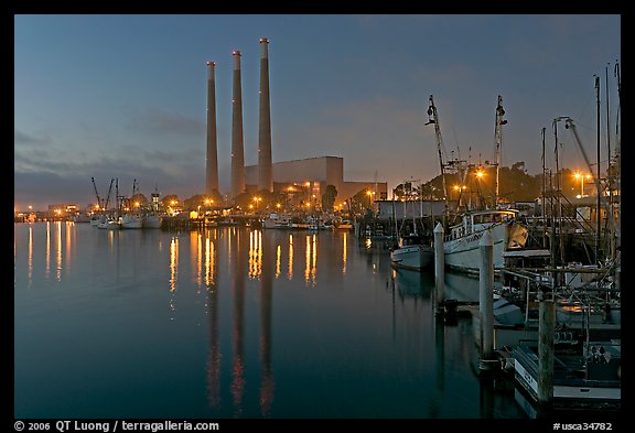 Power station and fishing boats, dusk. Morro Bay, USA