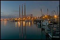 Power station and fishing boats, dusk. Morro Bay, USA
