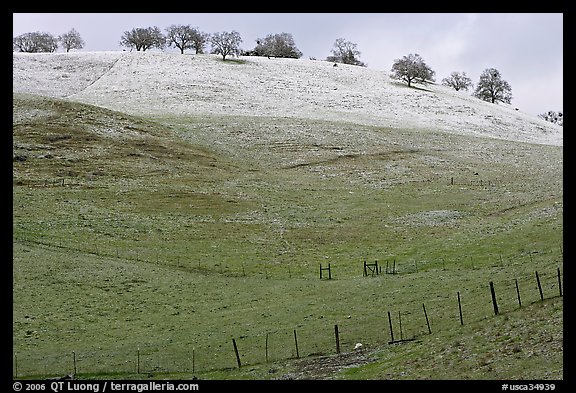 Hills with top covered with fresh snow, Mount Hamilton Range foothills. San Jose, California, USA