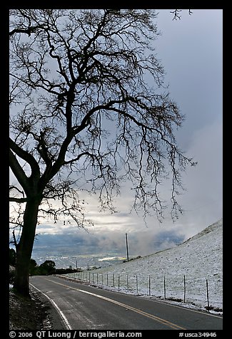 Mount Hamilton road winding on fresh snow covered hills. San Jose, California, USA