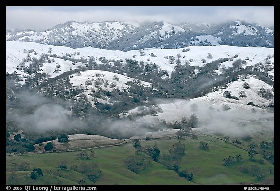 Snow on top of green hills of Mount Hamilton Range. San Jose, California, USA