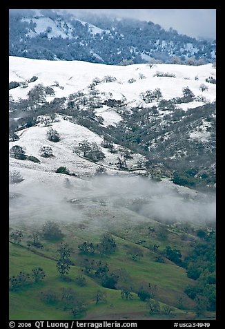Green hills partly covered with snow, Mount Hamilton Range. San Jose, California, USA