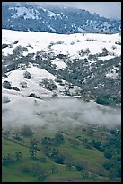 Green hills partly covered with snow, Mount Hamilton Range. San Jose, California, USA