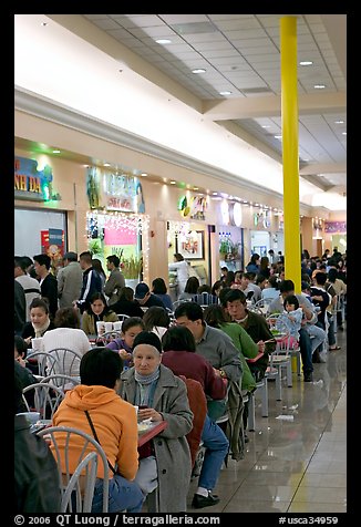 Vietnamese people in the foot court of the Grand Century mall. San Jose, California, USA (color)