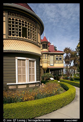 Mansion wing with door to nowhere in the background. Winchester Mystery House, San Jose, California, USA (color)