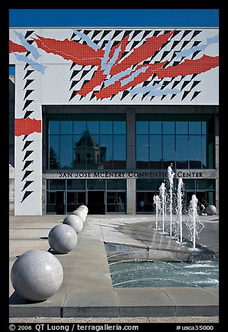 McEnery convention center and reflection of San Jose Civic Auditorium. San Jose, California, USA (color)