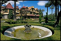 Basin, gardens and facade. Winchester Mystery House, San Jose, California, USA (color)