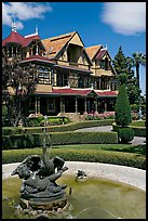 Fountain and facade. Winchester Mystery House, San Jose, California, USA (color)