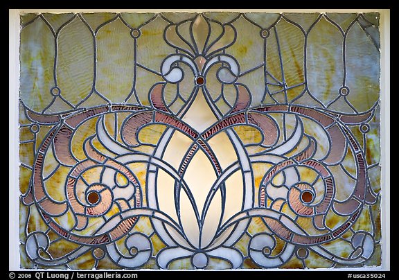 Decorated glass window. Winchester Mystery House, San Jose, California, USA
