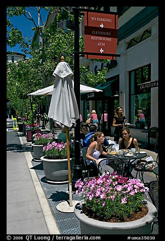 Outdoor restaurant tables. Santana Row, San Jose, California, USA