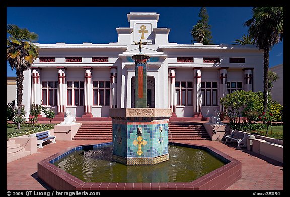 Fountain and temple, Rosicrucian Park. San Jose, California, USA (color)