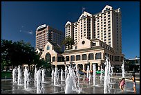 Fountain on Plaza de Cesar Chavez and Fairmont Hotel. San Jose, California, USA ( color)