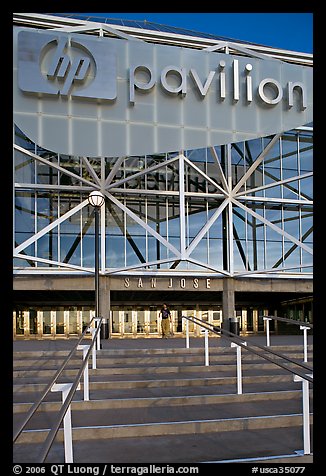 Facade of the HP Pavilion with person walking out. San Jose, California, USA
