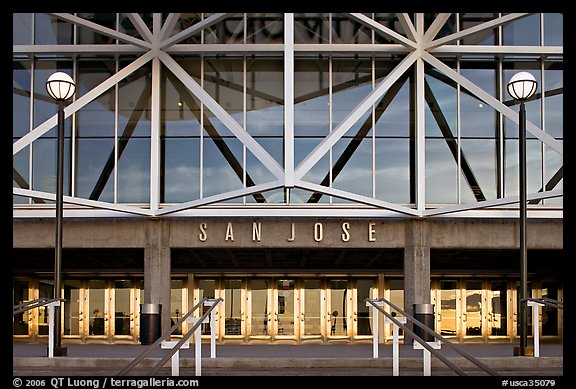 Facade of HP pavilion with San Jose sign. San Jose, California, USA (color)
