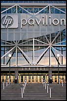 Facade of HP pavilion with San Jose sign, sunset. San Jose, California, USA (color)